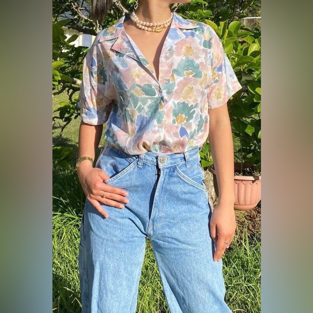 Colorful Pastel Floral Vintage Silky Blouse